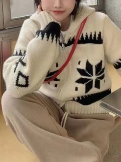 Women's Ugly Christmas Sweater Cardigan Christmas Sweaters Hooded Ribbed Knit Polyester Zipper Knitted Print Fall Winter Regular Outdoor Christmas Daily Stylish Casual Soft Long Sleeve Snowflake -Xmas Cothing Store xmedyx1697290894088