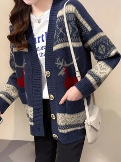 Women's Ugly Christmas Sweater Cardigan Sweater Jacket V Neck Ribbed Knit Polyester Button Pocket Knitted Fall Winter Regular Outdoor Christmas Daily Stylish Ethnic Style Casual Long Sleeve Geometric -Xmas Cothing Store xmxnpe1697291426390