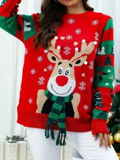 Women's Ugly Christmas Sweater Pullover Sweater Jumper V Neck Ribbed Knit Polyester Knitted Print Fall Winter Regular Outdoor Xmas Holiday Daily Stylish Casual Long Sleeve Print Snowflake Wine