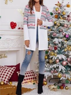 Women's Ugly Christmas Sweater Cardigan Sweater Jacket V Neck Ribbed Knit Polyester Pocket Knitted Print Fall Winter Long Outdoor Christmas Daily Stylish Casual Soft Long Sleeve Plaid Elk Snowflake -Xmas Cothing Store xoiono1697290888486