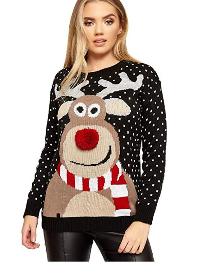 Women's Pullover Crew Neck Knit Polyester Knitted Fall Winter Xmas Christmas Long Sleeve Animal Polka Dot Color Block Black Red S M L 4 Women's Pullover Crew Neck Knit Polyester Knitted Fall Winter Xmas Christmas Long Sleeve Animal Polka Dot Color Block Black Red S M L - Image 2