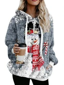 Women's Fleece Jacket Sherpa Jacket Teddy Coat Warm Breathable Christmas Street Daily Wear Vacation Zipper Pocket Print Pullover Hoodie Plush Casual Daily Comfortable Xmas Snowflake Regular Fit
