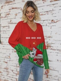 Women's Ugly Christmas Sweater Pullover Sweater Jumper V Neck Ribbed Knit Polyester Knitted Print Fall Winter Regular Outdoor Xmas Holiday Daily Stylish Casual Long Sleeve Santa Claus Wine Red S -Xmas Cothing Store xrutef1697291260739