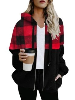 Women's Winter Sherpa Jacket Christmas Plaid Fleece Teddy Coat With Hood Fall Zipper Coat Warm Windproof Stylish Casual Street Xmas Jacket Long Sleeve -Xmas Cothing Store xsffov1692354210197