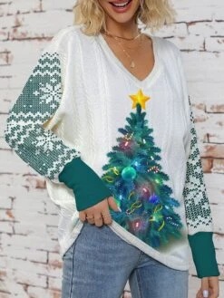 Women's Ugly Christmas Sweater Pullover Sweater Jumper V Neck Ribbed Knit Polyester Knitted Print Fall Winter Regular Outdoor Christmas Holiday Daily Stylish Casual Long Sleeve Christmas Tree Blue
