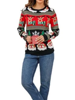 Women's Ugly Christmas Sweater Pullover Sweater Jumper Crew Neck Ribbed Knit Acrylic Patchwork Fall Winter Regular Outdoor Xmas Daily Stylish Casual Soft Long Sleeve Santa Claus Elk Snowflake Red -Xmas Cothing Store xsrrja1695111141634
