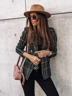 Women's Blazer Tweed Plaid Christmas Jacket Long Sleeve Coat Fall Winter Business Double Breasted Regular Jacket Green Brown XL 2XL 3XL -Xmas Cothing Store xswxek1638844093567