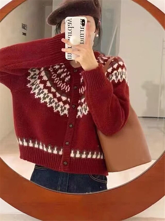 Women's Ugly Christmas Sweater Cardigan Sweater Crew Neck Ribbed Knit Rayon Patchwork Button Fall Winter Xmas Daily Going Out Stylish Casual Soft Long Sleeve Geometric Color Block Red Navy Blue 5 Women's Ugly Christmas Sweater Cardigan Sweater Crew Neck Ribbed Knit Rayon Patchwork Button Fall Winter Xmas Daily Going Out Stylish Casual Soft Long Sleeve Geometric Color Block Red Navy Blue - Image 3