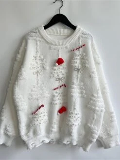 Women's Ugly Christmas Sweater Pullover Sweater Jumper Crew Neck Ribbed Knit Polyester Hollow Out Oversized Beads Fall Winter Regular Outdoor Christmas Daily Stylish Casual Soft Long Sleeve Christmas -Xmas Cothing Store xtlxtt1696903351500