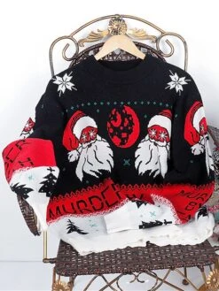 Women's Ugly Christmas Sweater Pullover Sweater Jumper Crew Neck Ribbed Knit Knit Patchwork Fall Winter Regular Outdoor Xmas Daily Stylish Casual Soft Long Sleeve Heart Letter Santa Claus Black -Xmas Cothing Store xtzlxj1695115503327