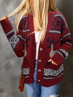 Women's Ugly Christmas Sweater Cardigan Sweater Jacket Crew Neck Ribbed Knit Polyester Pocket Knitted Print Fall Winter Regular Outdoor Christmas Daily Stylish Casual Soft Long Sleeve Elk Snowflake
