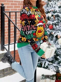 Women's Ugly Christmas Sweater Pullover Sweater Jumper Crew Neck Ribbed Knit Acrylic Oversized Fall Winter Short Xmas Daily Going Out Stylish Casual Soft Long Sleeve Letter Elk 1072 Christmas -Xmas Cothing Store xuznwr1695262574936