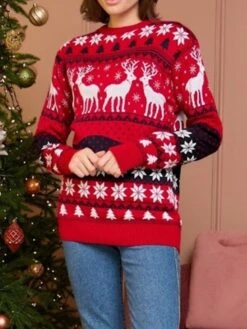 Women's Pullover Sweater Jumper Crew Neck Ribbed Knit Polyester Oversized Fall Winter Short Christmas Daily Going Out Xmas Stylish Casual Soft Long Sleeve Elk Snowflake White-Men's White-women's Model