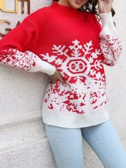 Women's Ugly Christmas Sweater Pullover Sweater Jumper Crew Neck Ribbed Knit Acrylic Oversized Fall Winter Short Xmas Daily Going Out Stylish Casual Soft Long Sleeve Snowflake Black Red S M L -Xmas Cothing Store xvybmh1695209505963
