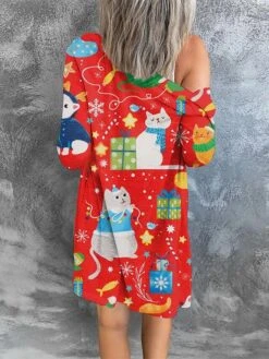 Women's Cardigan Sweater Open Front Ribbed Knit Polyester Button Fall Winter Short Christmas Daily Going Out Stylish Casual Soft Long Sleeve Elk Snowman Xmas Tree Blue Snowman Red Cat Black -Xmas Cothing Store xwhcjn1695262432714