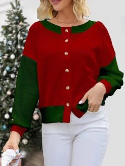 Women's Ugly Christmas Sweater Cardigan Sweater Jacket Crew Neck Ribbed Knit Polyester Button Knitted Print Fall Winter Short Outdoor Christmas Holiday Daily Stylish Casual Long Sleeve Color Block