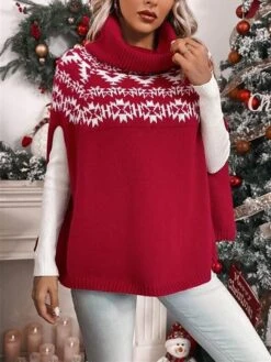 Women's Ugly Christmas Sweater Ugly Sweater Christmas Sweaters Turtleneck Ribbed Knit Polyester Knitted Print Fall Winter Regular Outdoor Christmas Daily Stylish Casual Soft Long Sleeve Geometric Red -Xmas Cothing Store xxbnva1697290858357