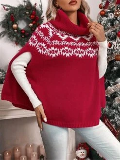 Women's Ugly Christmas Sweater Ugly Sweater Christmas Sweaters Turtleneck Ribbed Knit Polyester Knitted Print Fall Winter Regular Outdoor Christmas Daily Stylish Casual Soft Long Sleeve Geometric Red -Xmas Cothing Store xxwsjh1697290868401