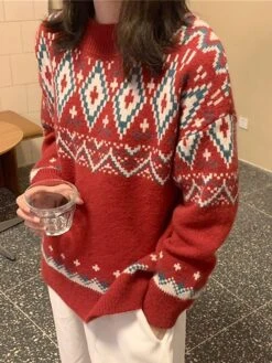 Women's Ugly Christmas Sweater Cardigan Sweater Crew Neck Ribbed Knit Knit Patchwork Oversized Fall Winter Regular Outdoor Christmas Daily Stylish Vintage Style Casual Long Sleeve Geometric Red Beige -Xmas Cothing Store xxxxux1696903368009