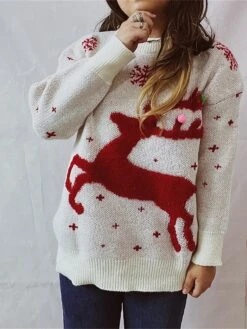 Women's Ugly Christmas Sweater Pullover Sweater Jumper Crew Neck Ribbed Knit Polyester Oversized Fall Winter Regular Outdoor Christmas Daily Stylish Casual Soft Long Sleeve Elk Snowflake Red Blue -Xmas Cothing Store xyastw1696903371660