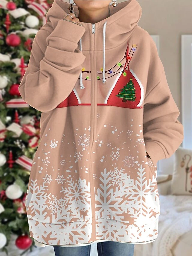 Women's Ugly Christmas Jacket Party Xmas Hooded Coat Winter Drawstring Zipper Jacket Green Loose Fit Outerwear Long Sleeve Fall 5 Women's Ugly Christmas Jacket Party Xmas Hooded Coat Winter Drawstring Zipper Jacket Green Loose Fit Outerwear Long Sleeve Fall - Image 3