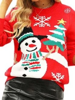 Women's Ugly Christmas Sweater Pullover Sweater Jumper Crew Neck Ribbed Knit Acrylic Knitted Fall Winter Outdoor Xmas Holiday Stylish Casual Soft Long Sleeve Snowman Christmas Tree Snowflake Red -Xmas Cothing Store xznbzv1667811497826
