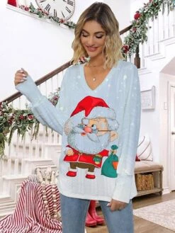 Women's Ugly Christmas Sweater Pullover Sweater Jumper V Neck Ribbed Knit Polyester Knitted Print Fall Winter Regular Outdoor Christmas Holiday Daily Stylish Casual Long Sleeve Santa Claus Royal Blue -Xmas Cothing Store yajcqf1697771285687