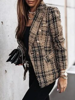 Women's Blazer Tweed Plaid Christmas Jacket Long Sleeve Coat Fall Winter Business Double Breasted Regular Jacket Green Brown XL 2XL 3XL -Xmas Cothing Store yavtgy1638844002659