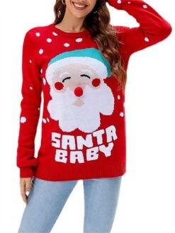 Women's Ugly Christmas Sweater Pullover Sweater Jumper Crew Neck Ribbed Knit Acrylic Oversized Fall Winter Short Xmas Daily Going Out Stylish Casual Soft Long Sleeve Letter Santa Claus Red -Xmas Cothing Store yaxesx1695262585178