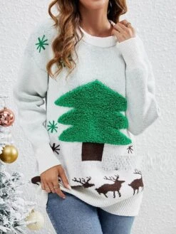 Women's Ugly Christmas Sweater Pullover Sweater Jumper Christmas Sweaters Crew Neck Ribbed Knit Polyester Knitted Print Fall Winter Regular Outdoor Christmas Daily Stylish Casual Soft Long Sleeve Elk -Xmas Cothing Store ybkpdb1697292319775