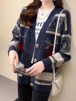 Women's Ugly Christmas Sweater Cardigan Sweater Jacket V Neck Ribbed Knit Polyester Button Pocket Knitted Fall Winter Regular Outdoor Christmas Daily Stylish Ethnic Style Casual Long Sleeve Geometric -Xmas Cothing Store ybrjto1697291425634