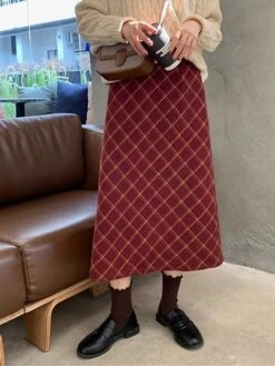 Women's Skirt Long Skirt Midi Cotton Wine Skirts Fall & Winter Plaid Print High Waist Fashion Elegant Christmas Street Xmas S M L -Xmas Cothing Store ycbeqc1695351448615