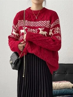 Women's Ugly Christmas Sweater Pullover Sweater Jumper Christmas Sweaters Crew Neck Cable Knit Acrylic Knitted Fall Winter Regular Outdoor Christmas Daily Fashion Casual Soft Long Sleeve Elk Snowflake -Xmas Cothing Store ycyfgd1697785170962