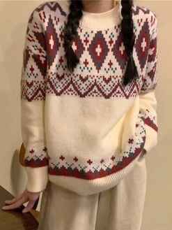 Women's Ugly Christmas Sweater Cardigan Sweater Crew Neck Ribbed Knit Knit Patchwork Oversized Fall Winter Regular Outdoor Christmas Daily Stylish Vintage Style Casual Long Sleeve Geometric Red Beige -Xmas Cothing Store ydapux1696903357567