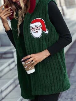 Women's Christmas Jacket Santa Sherpa Vest Sleeveless Sherpa Jacket Fleece Teddy Coat Hooded Jacket Claus Thermal Lightweight Streetwear Xmas Outerwear Long Sleeve Green S -Xmas Cothing Store ydluqo1667901998129