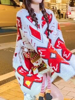 Women's Ugly Christmas Sweater Pullover Sweater Jumper Crew Neck Ribbed Knit Acrylic Knitted Fall Winter Outdoor Xmas Daily Stylish Casual Soft Long Sleeve Geometric Letter Santa Claus White Red -Xmas Cothing Store ydqhqh1668219588180