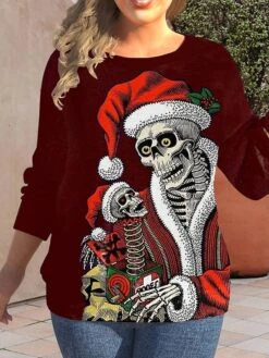 Women's Ugly Christmas Sweater Plus Size Christmas Pullover Sweater Jumper Plus Size Ribbed Knit Regular Print Santa Claus Crew Neck Stylish Casual Outdoor Xmas Fall Winter Wine Green XL 2XL 3XL -Xmas Cothing Store yexjnv1695383355969