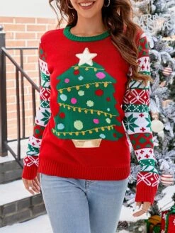 Women's UglyChristmas Sweater Pullover Sweater Jumper Crew Neck Chunky Knit Acrylic Embroidered Drop Shoulder Spring Fall Winter Regular Party Xmas Stylish Casual Long Sleeve Christmas Tree Red -Xmas Cothing Store yfbwym1695110324639