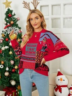Women's Pullover Sweater Jumper Crew Neck Chunky Knit Acrylic Polyester Print Spring Fall Winter Tunic Christmas Daily New Year Xmas Stylish Casual Long Sleeve Color Block Snowflake Red Beige S M L