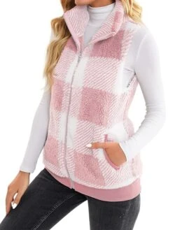 Women's Teddy Vest Fleece Plaid Sleeveless Sherpa Coat Fall Winter Thermal Warm Christmas Outerwear With Pockets Stylish Contemporary Modern Style Jacket Sleeveless -Xmas Cothing Store yfrfpb1692264948065
