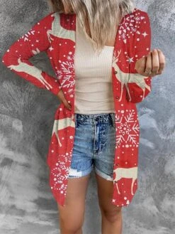 Women's Cardigan Sweater Open Front Ribbed Knit Polyester Button Fall Winter Short Christmas Daily Going Out Stylish Casual Soft Long Sleeve Elk Snowman Xmas Tree Blue Snowman Red Cat Black -Xmas Cothing Store ygakco1695262428521