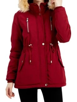 Women's Winter Coat Jacket Parka Warm Breathable Outdoor Christmas Daily Wear Vacation Xmas Pocket Fur Collar Fleece Lined Zipper Hoodie Elegant Lady Comfortable Solid Color Regular Fit Outerwear