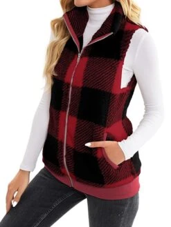 Women's Teddy Vest Fleece Plaid Sleeveless Sherpa Coat Fall Winter Thermal Warm Christmas Outerwear With Pockets Stylish Contemporary Modern Style Jacket Sleeveless -Xmas Cothing Store yisjqc1692264949417
