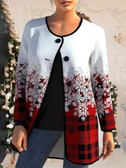 Women's Christmas Jacket Fall Snow Plaid Print Coat Single Breasted Crewneck Outerwear Long Sleeve Winter Party Xmas Outerwear -Xmas Cothing Store yjcneb1695377463943