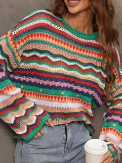 Women's Pullover Sweater Jumper Crew Neck Cable Crochet Knit Acrylic Cotton Blend Patchwork Hollow Knitted Fall Winter Outdoor Xmas Christmas Daily Stylish Casual Soft Long Sleeve Color Block Striped -Xmas Cothing Store yjgrxi1660904966508