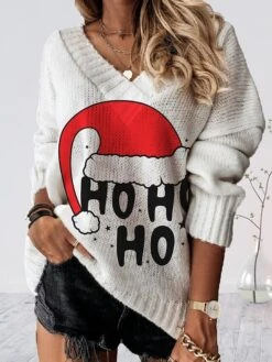 Women's Pullover Sweater Jumper V Neck Crochet Knit Oversized Print Fall Winter Regular Christmas Stylish Soft Long Sleeve Elk Snowman Xmas Tree White / Black Red Brown Black S M L -Xmas Cothing Store yjybjk1694570261859