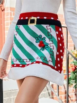 Women's Skirt A Line Mini Acrylic Red Skirts Fall & Winter Patchwork Knitting Belt Included High Waist Fashion Casual Christmas Xmas Street M L XL -Xmas Cothing Store ykcjei1694270330471