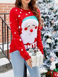Women's Ugly Christmas Sweater Pullover Sweater Jumper Crew Neck Ribbed Knit Acrylic Oversized Fall Winter Short Xmas Daily Going Out Stylish Casual Soft Long Sleeve Letter Santa Claus Red -Xmas Cothing Store ykfwiv1695262582655