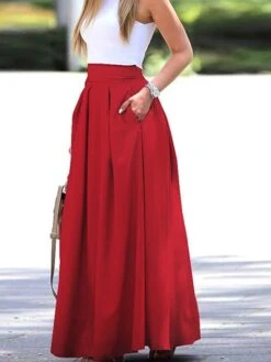 Women's Skirt Swing Work Skirt Maxi Cotton And Linen Red Black Yellow Pink Skirts Pocket Fashion Christmas Office / Career S M L