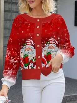Women's Ugly Christmas Sweater Cardigan Sweater Jacket Crew Neck Ribbed Knit Polyester Button Knitted Print Fall Winter Short Outdoor Christmas Holiday Daily Stylish Casual Long Sleeve Santa Claus -Xmas Cothing Store yngaqu1697291256330